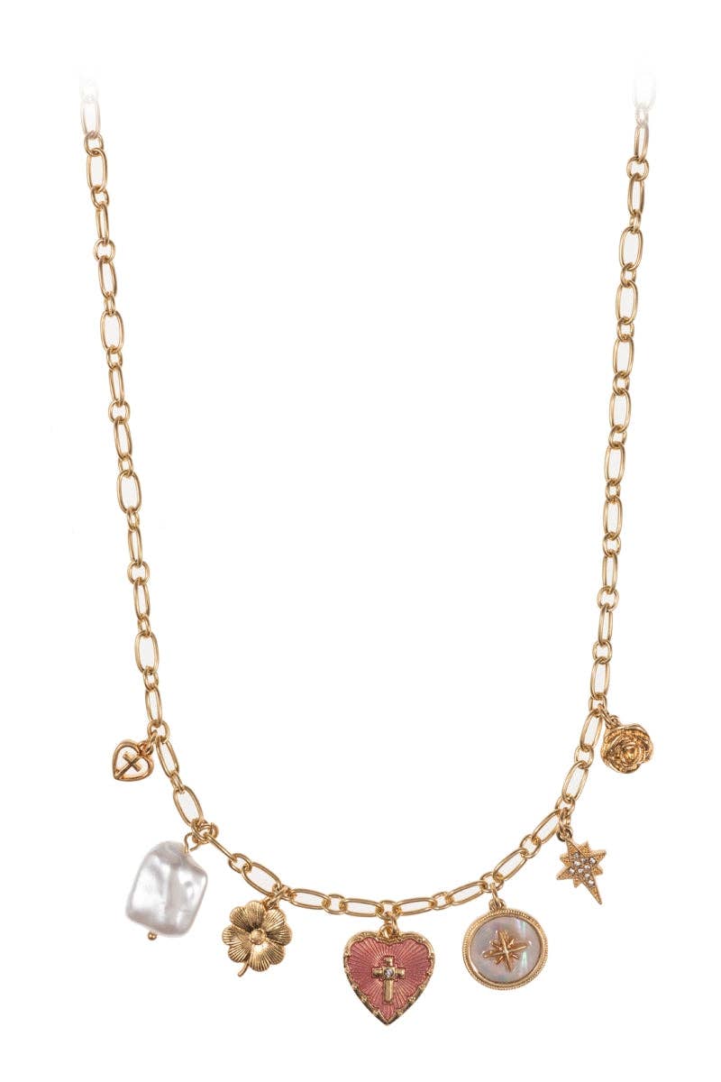 Heart Pearl Star Metal Mixed Charm Short Necklace: Gold