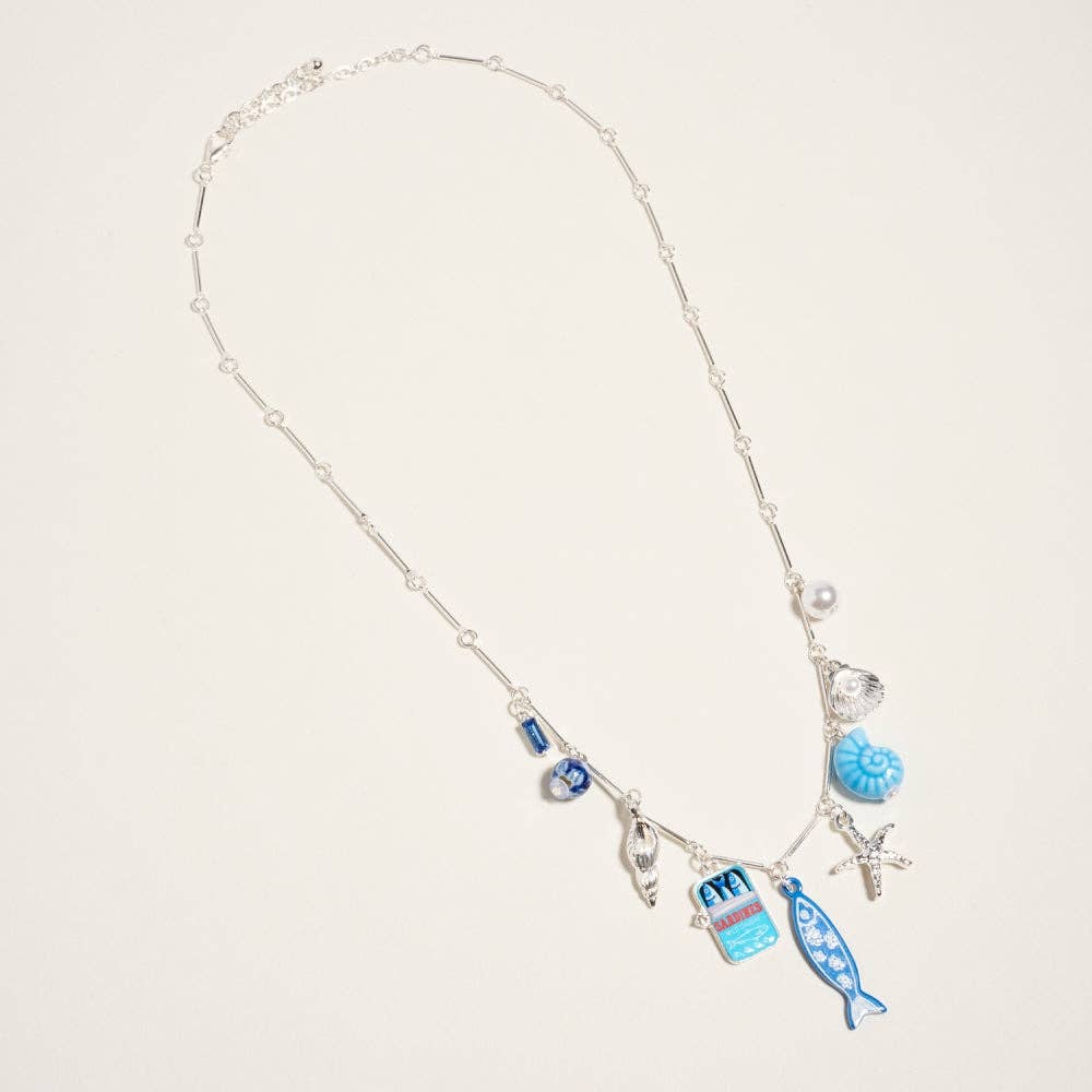 18 In Sealife Coastal Mediterranean Charm Necklace: Silver/Blue
