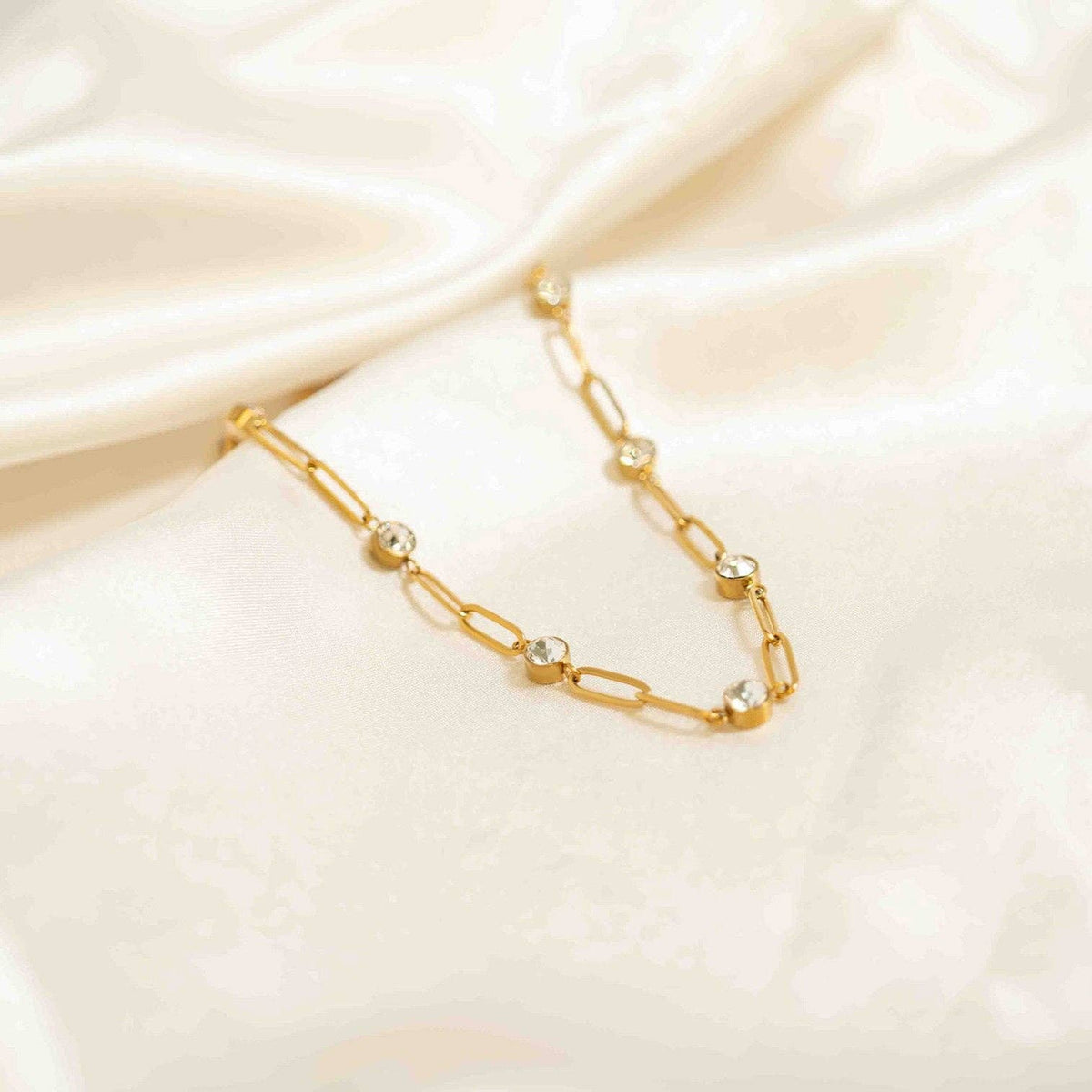 18K Gold PVD Steel Station Stone Paperclip Chain Necklace: Gold / 14+02" / 4mm