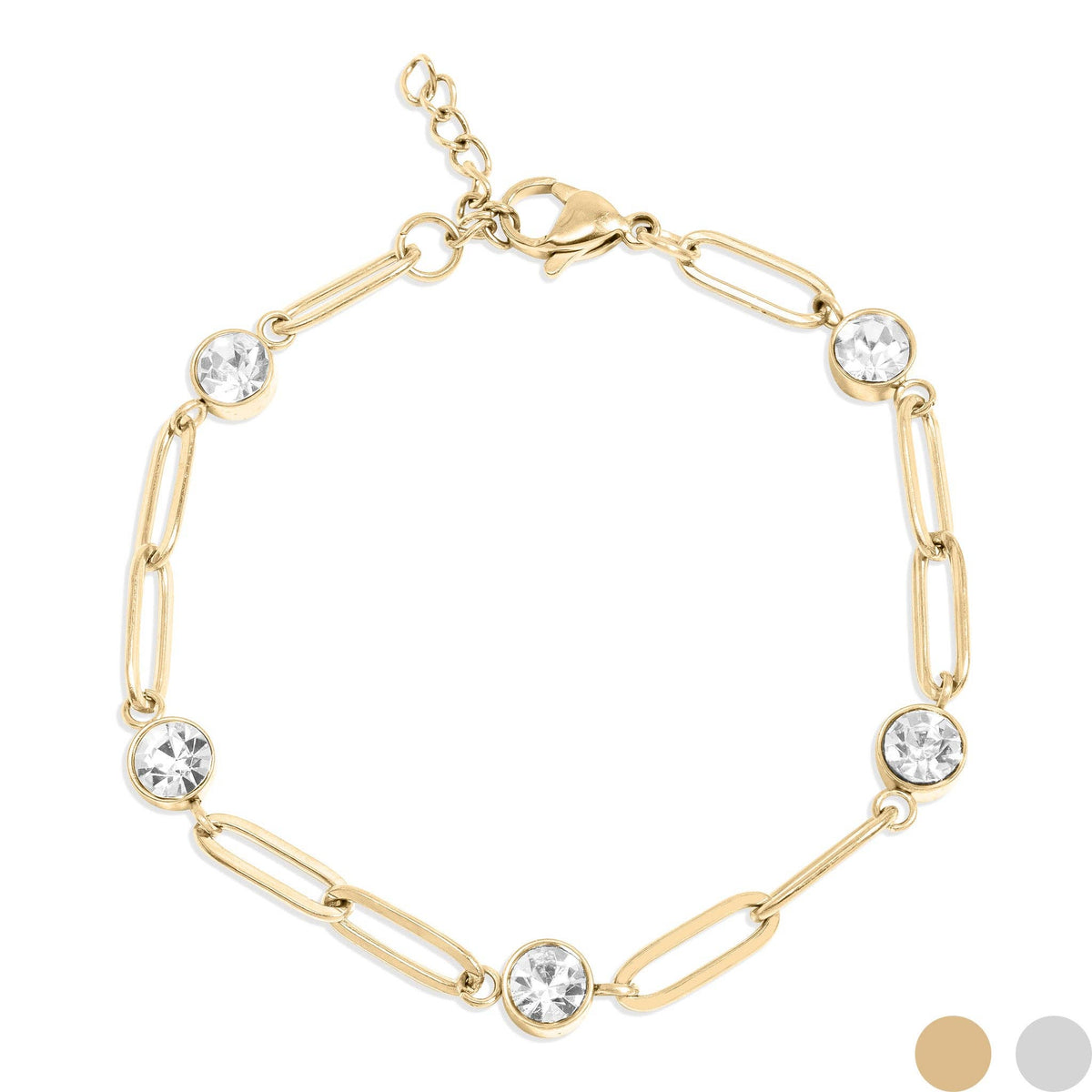 18K Gold PVD Station Stone Stone Paperclip Chain Bracelet: Gold