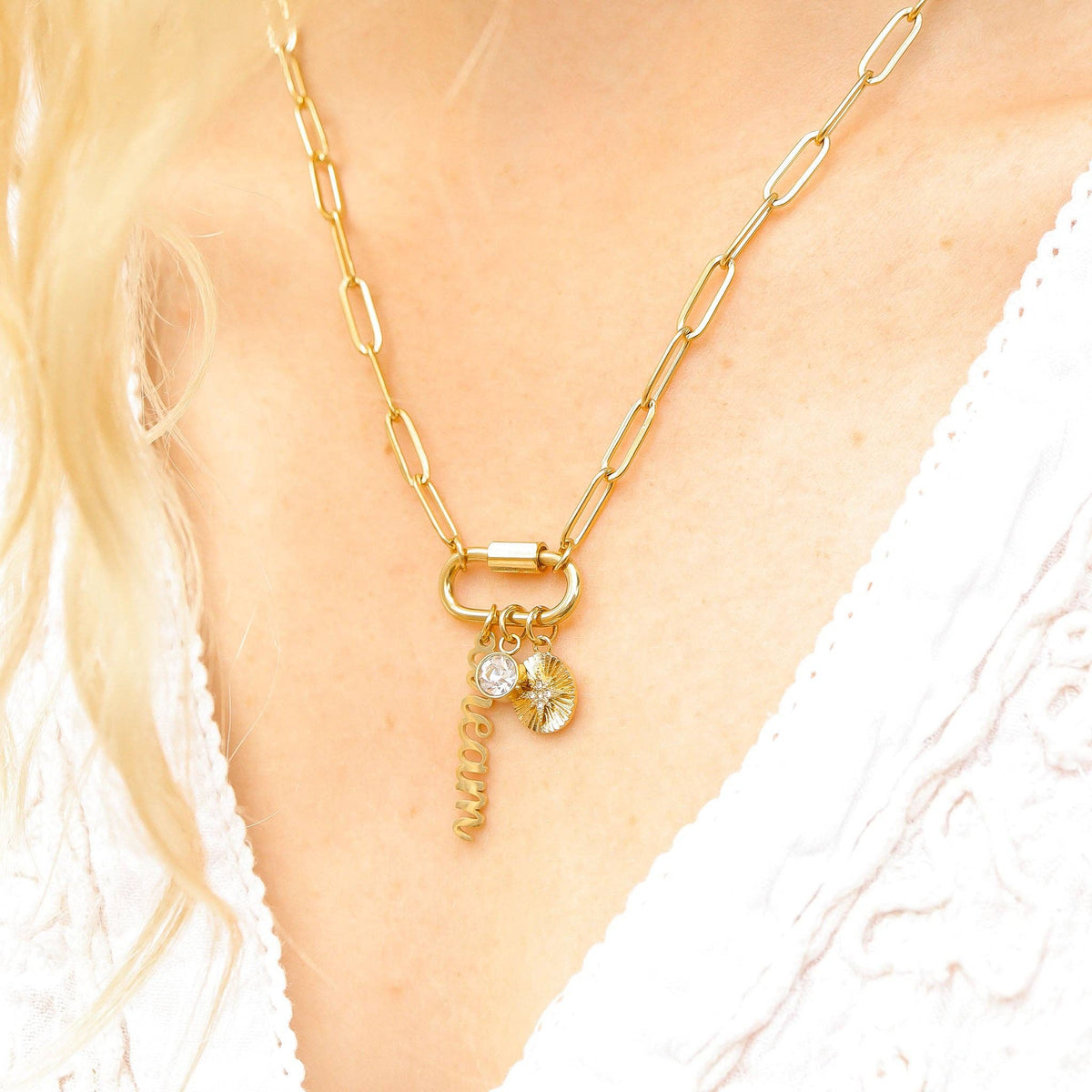18K PVD Gold Carabiner "Dream" Paperclip Charm Necklace: Stainless