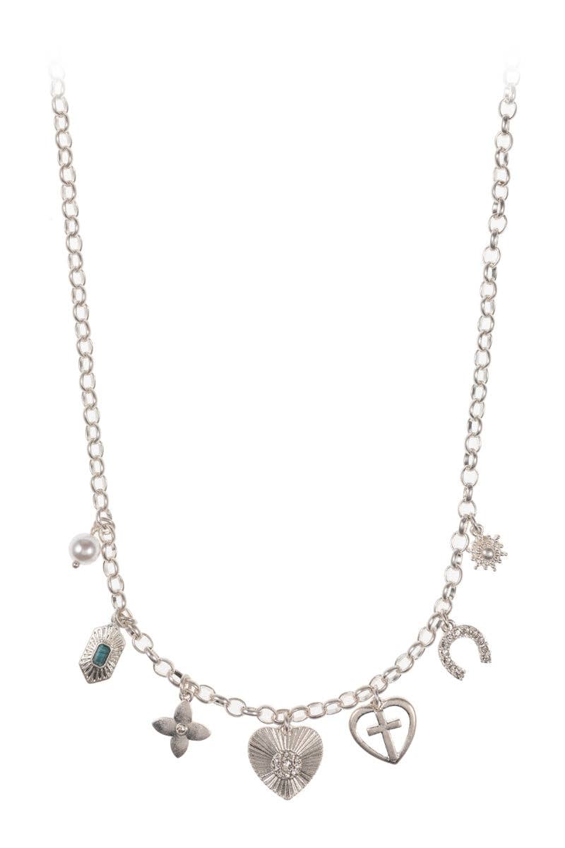 Heart Horseshoe Metal Mixed Charm Short Necklace: Silver