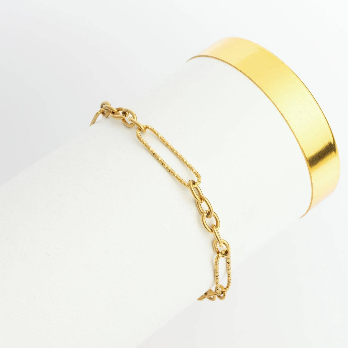 Gold Stainless Steel Long Paperclip Textured Chain Bracelet: Gold