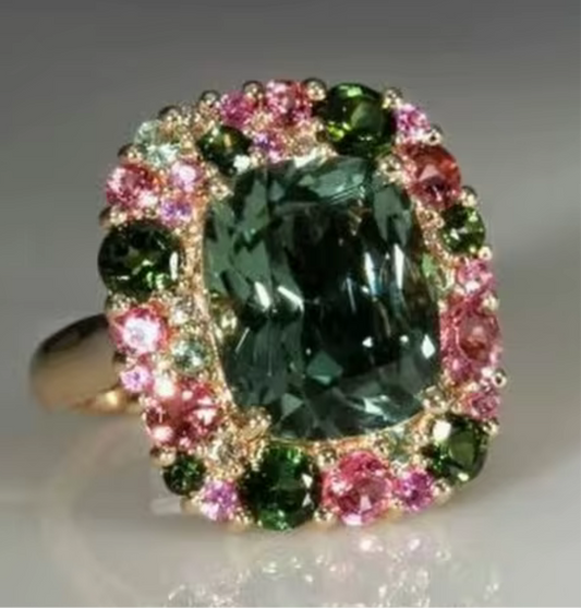 Watermelon Zircon and Cubic Zirconia Green Estate Inspired Ring