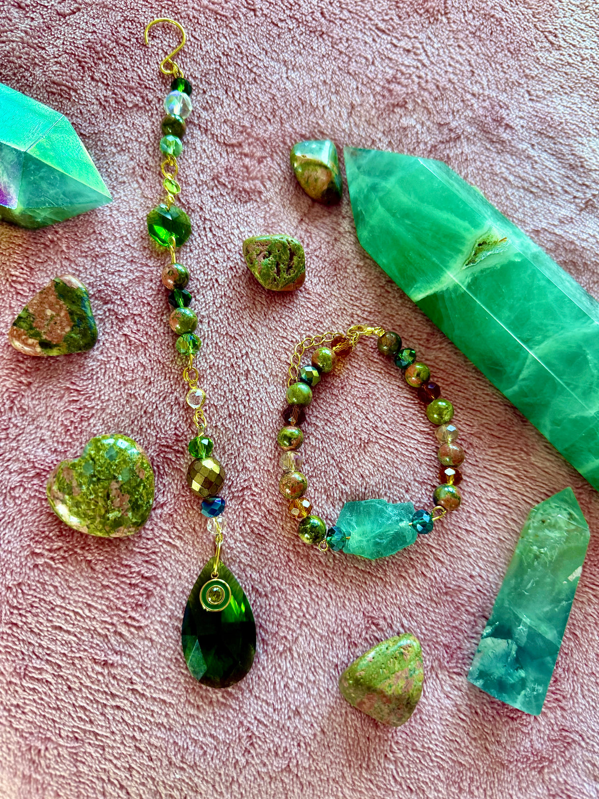 Unakite, Green Fluorite, Rainbow Fluorite and Peridot Bundle