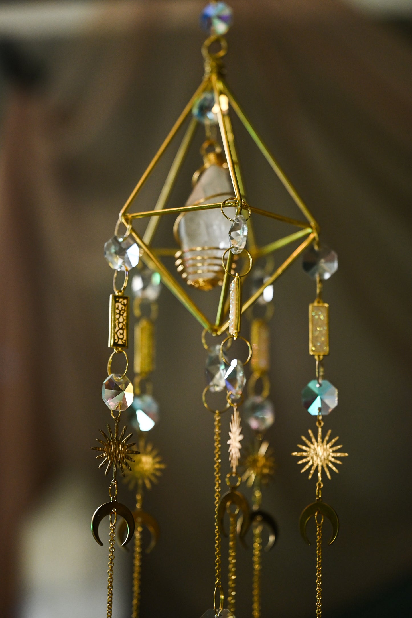 Clear Quartz Suncatcher with Solar & Lunar Accents