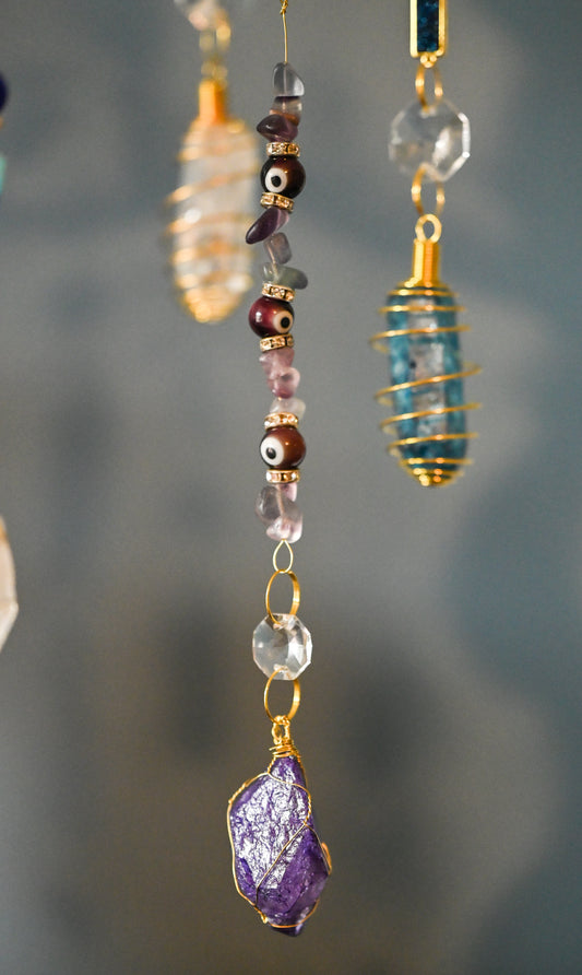 Purple Crackle Quartz, Rainbow Fluorite and Purple Evil Eye Mini Suncatcher