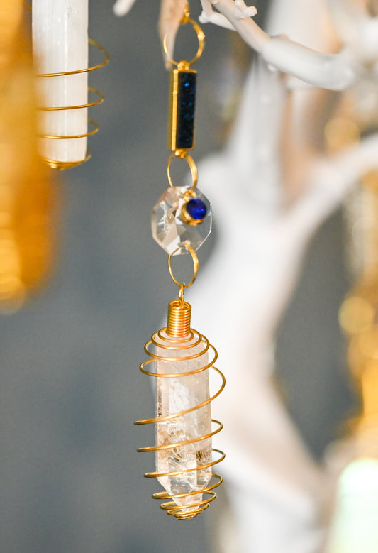 Clear Quartz Mini Suncatcher with Blue Accents