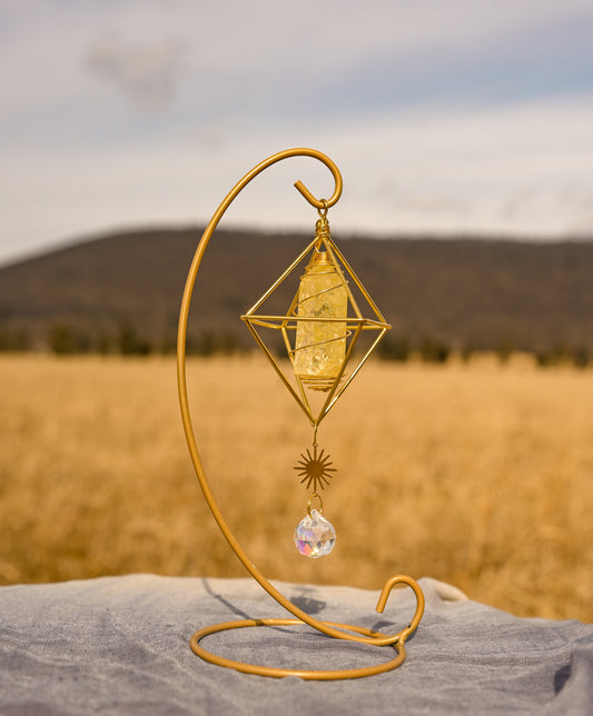 Yellow Crackle Quartz Suncatcher - Gold stand