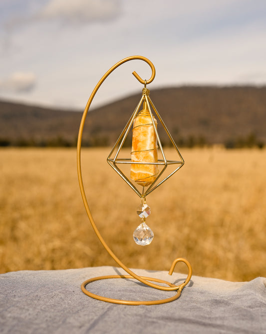 Orange Calcite Suncatcher - Gold Stand