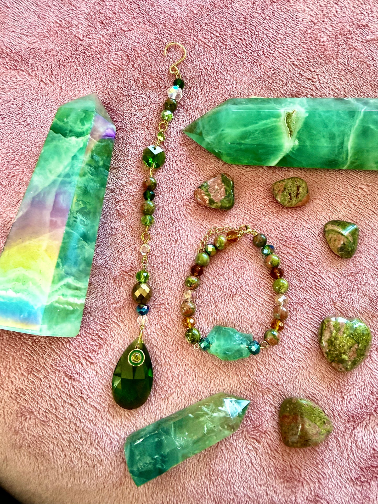 Unakite, Green Fluorite, Rainbow Fluorite and Peridot Bundle