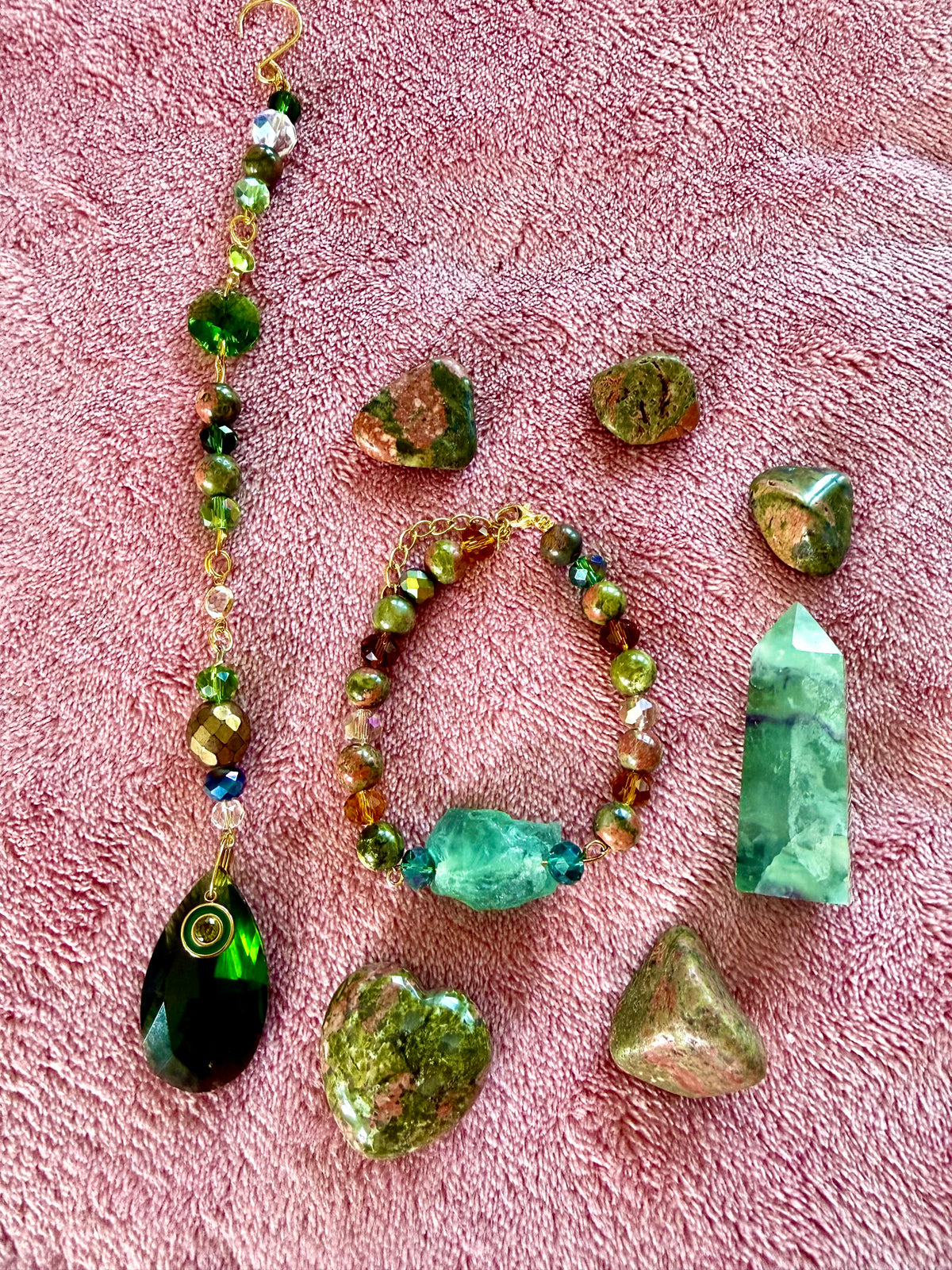 Unakite, Green Fluorite, Rainbow Fluorite and Peridot Bundle