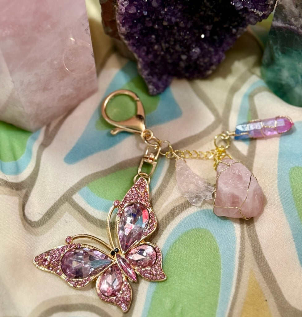 Pink Butterfly and Quartz Crystal Clip