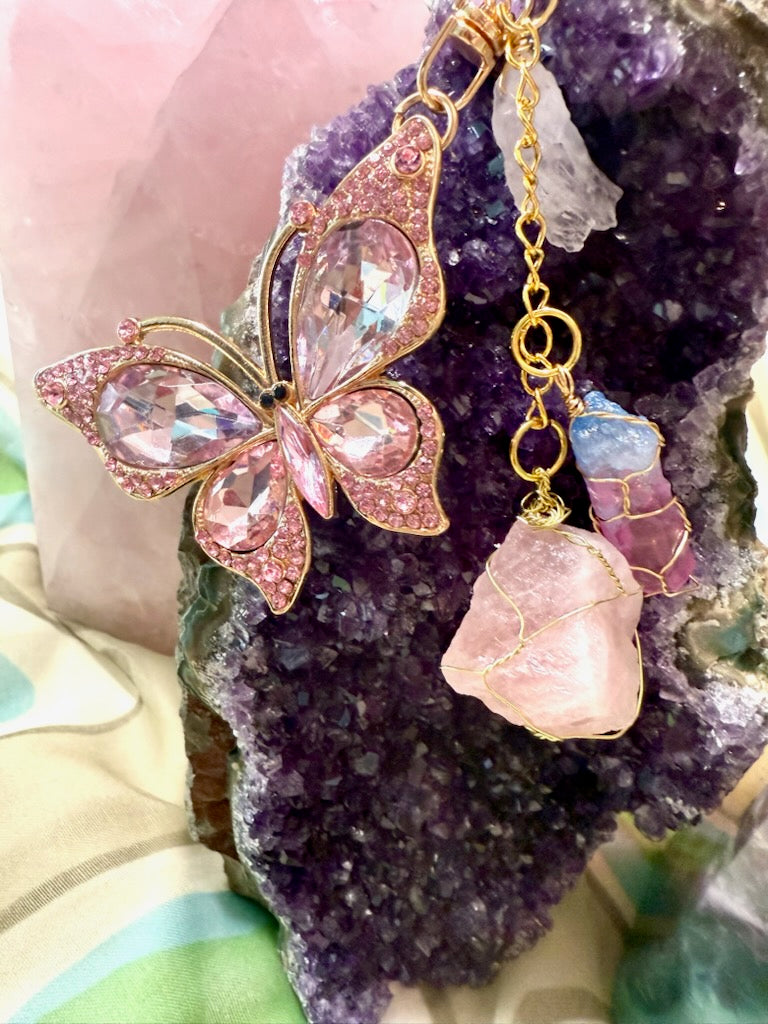 Pink Butterfly and Quartz Crystal Clip