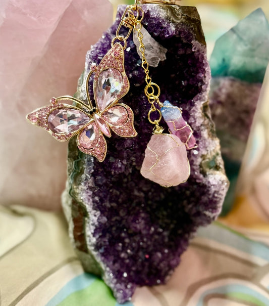 Pink Butterfly and Quartz Crystal Clip