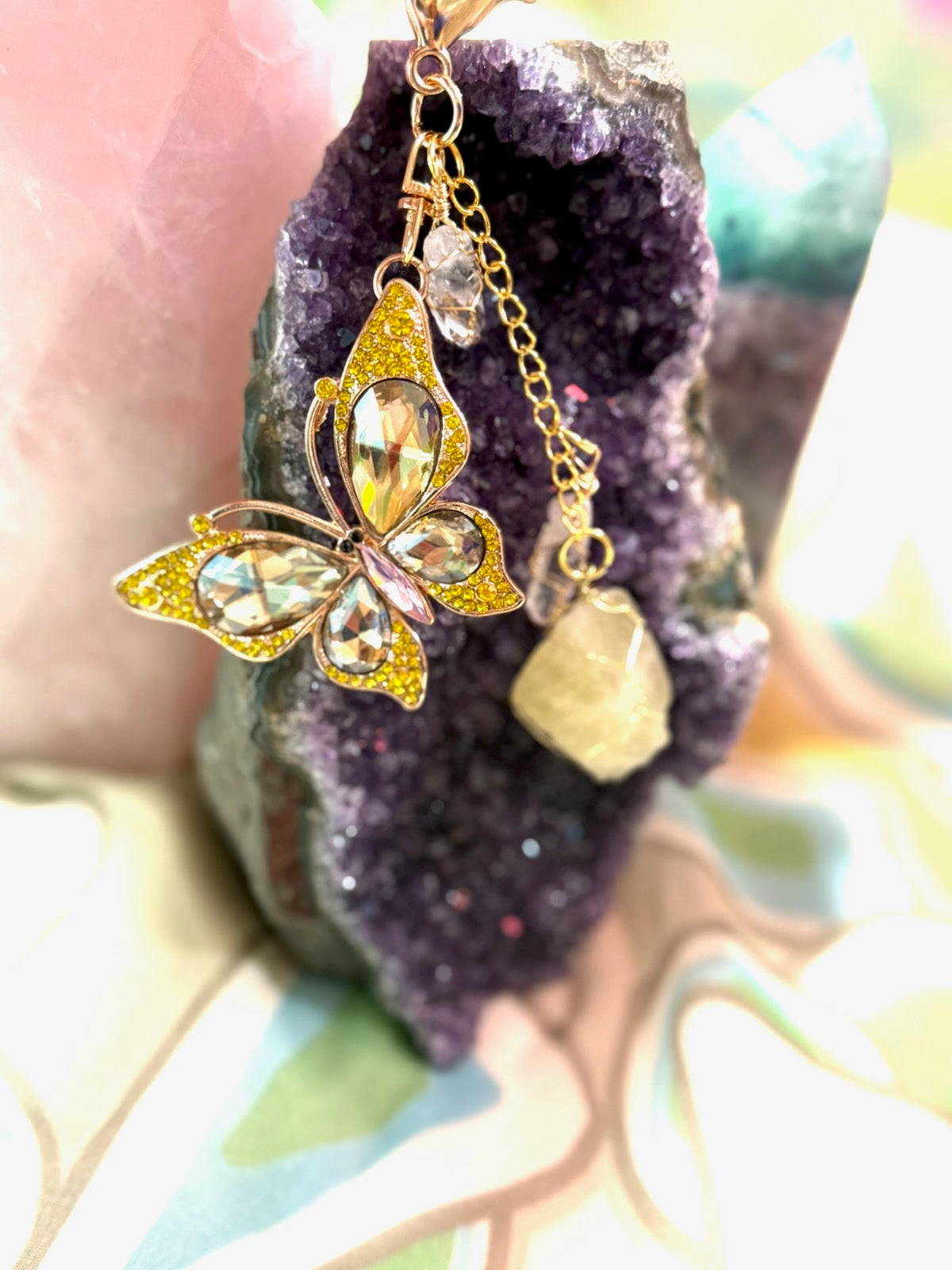 Yellow Butterfly Crystal Clip with Lemon and Clear Quartz