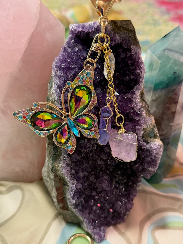 Rainbow Butterfly and Amethyst Crystal Clip