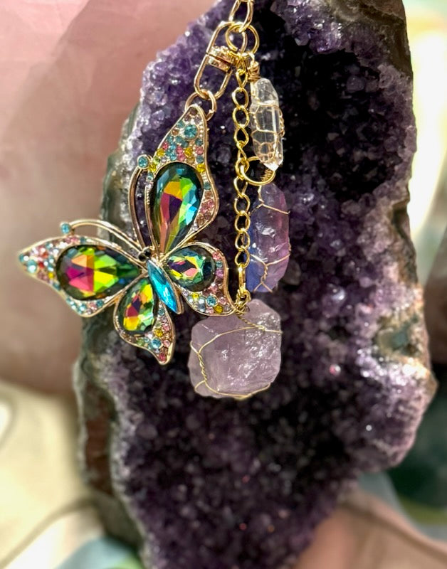 Rainbow Butterfly and Amethyst Crystal Clip