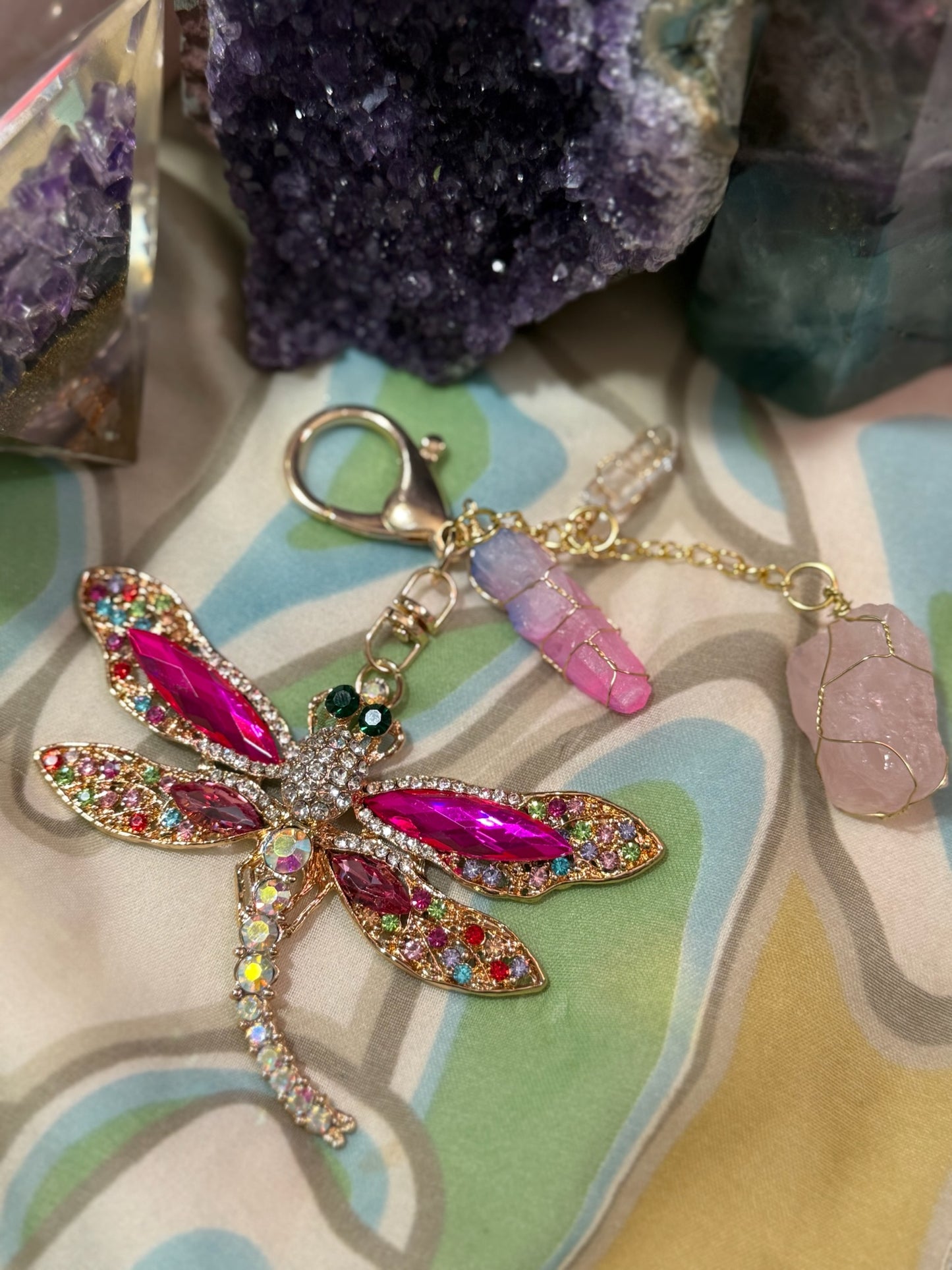 Pink Dragonfly with Rose, Clear and Rainbow Quartz Accents