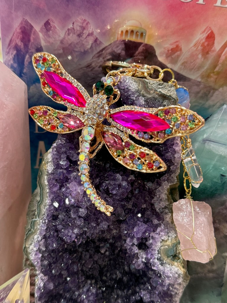 Pink Dragonfly with Rose, Clear and Rainbow Quartz Accents