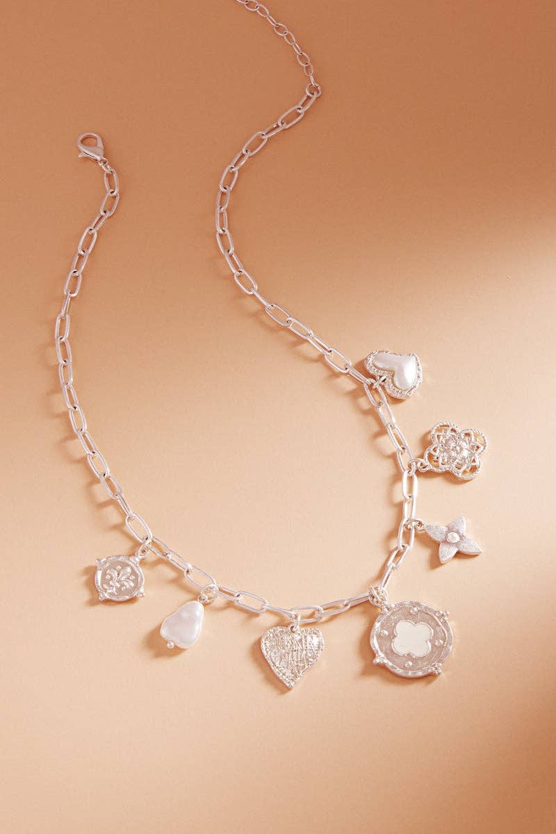 Multi Metal W Pearl Charm Cluster Short Necklace: VS / ONE
