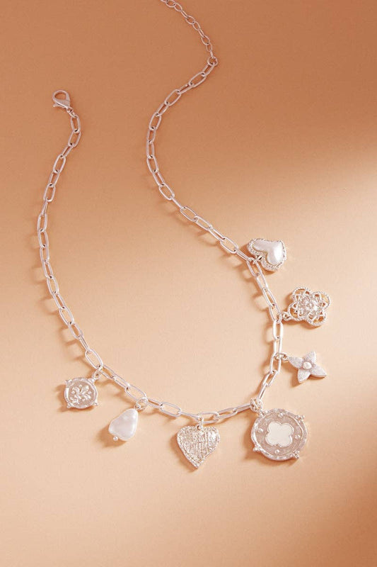 Multi Metal W Pearl Charm Cluster Short Necklace: VS / ONE