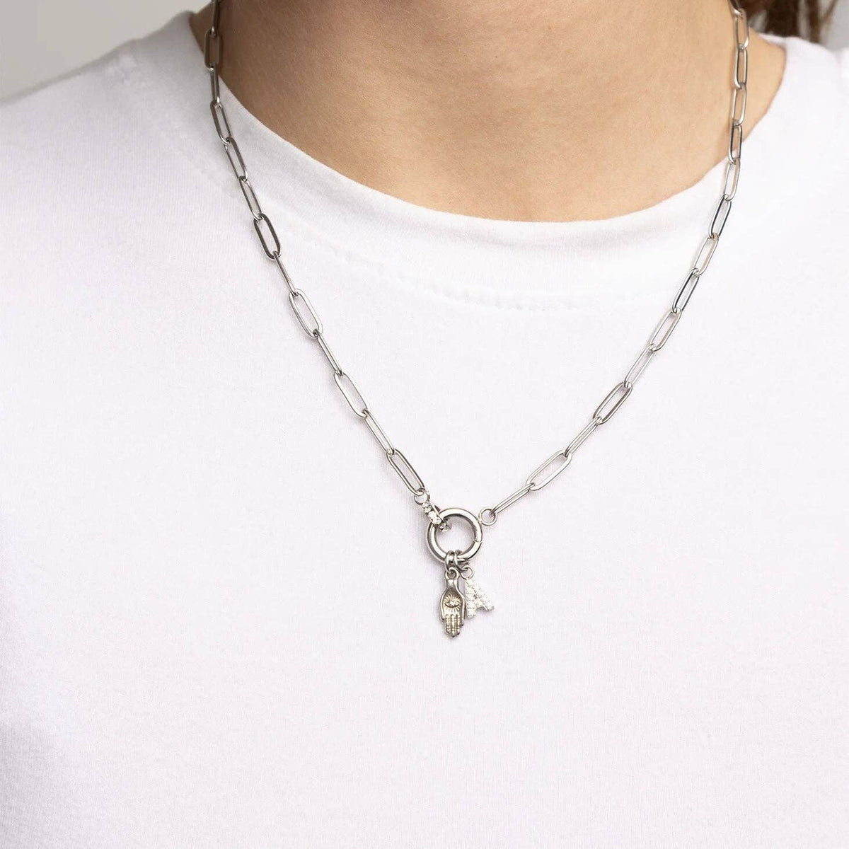 18K Gold PVD Stainless Steel Hamsa Hand with Stone Charm: Stainless