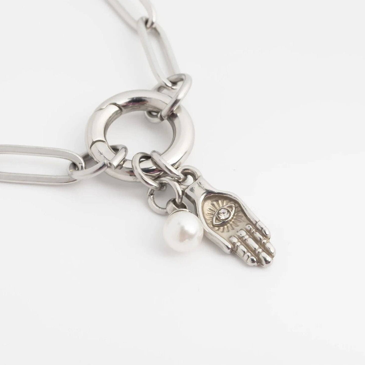18K Gold PVD Stainless Steel Hamsa Hand with Stone Charm: Gold