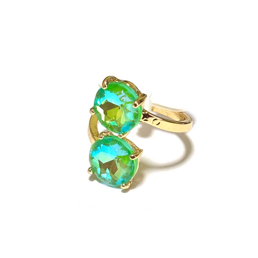 Double Round Crystal Stone Opposite Ends Adjustable Ring: NEON MINT AB