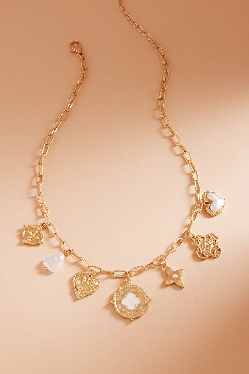 Multi Metal W Pearl Charm Cluster Short Necklace: VS / ONE
