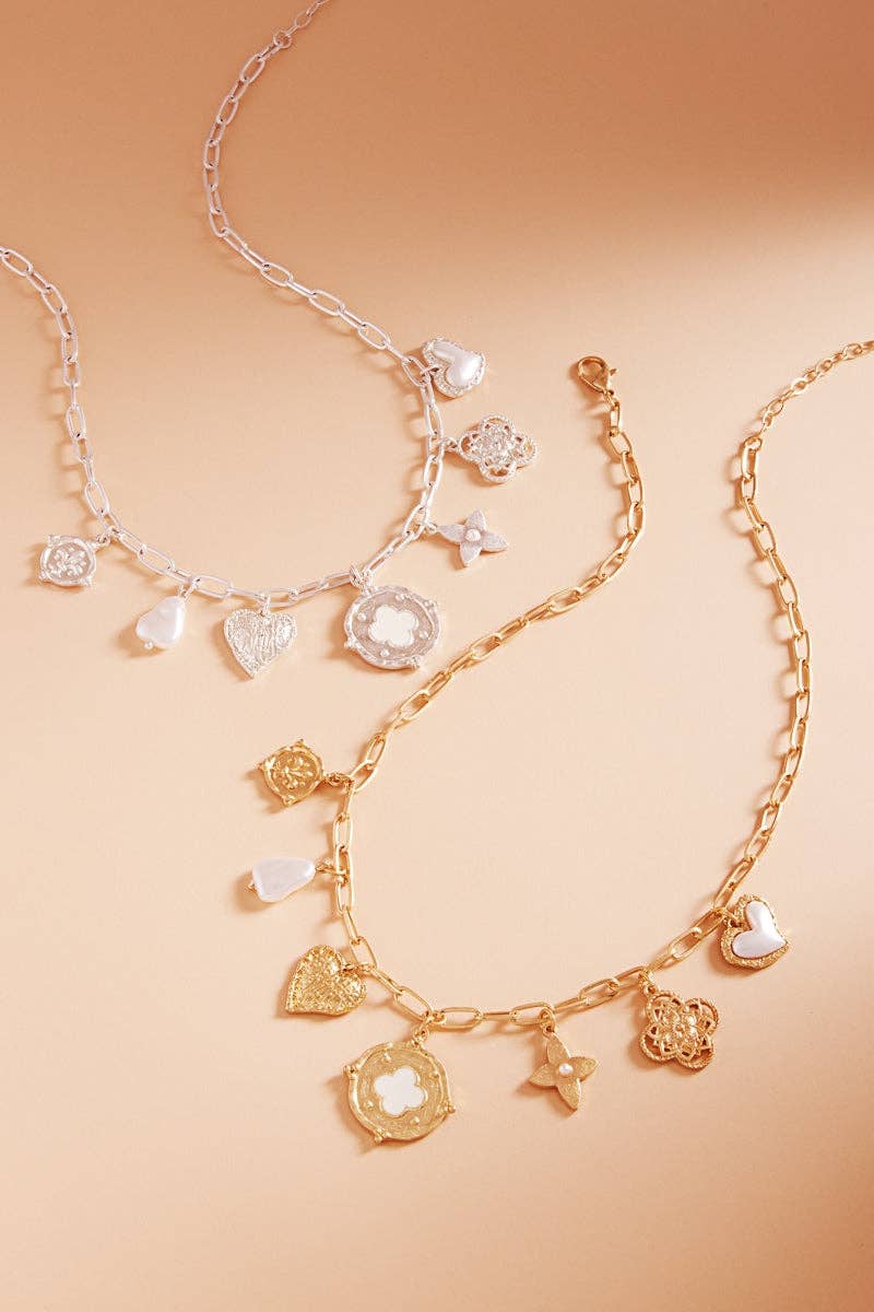 Multi Metal W Pearl Charm Cluster Short Necklace: VS / ONE