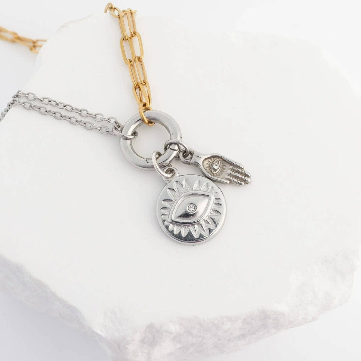 18K Gold PVD Stainless Steel Hamsa Hand with Stone Charm: Stainless