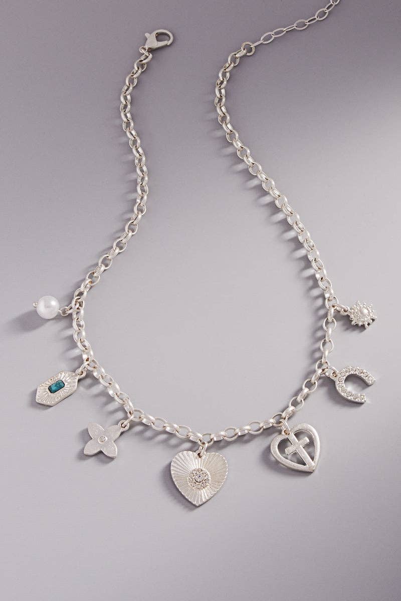 Heart Horseshoe Metal Mixed Charm Short Necklace: Silver