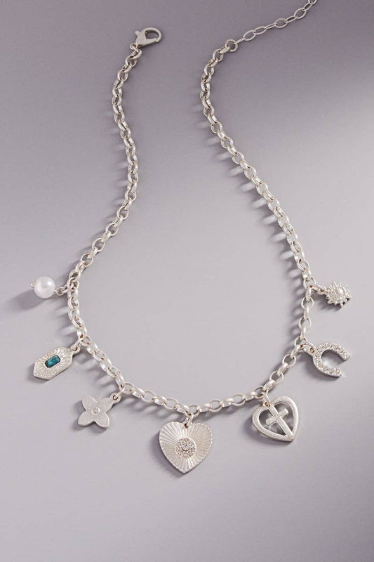 Heart Horseshoe Metal Mixed Charm Short Necklace: Silver