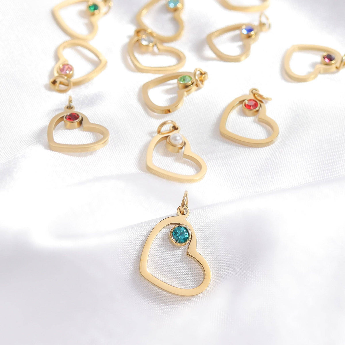 18K Gold PVD Stainless Steel Birthstone Heart Charm: Gold / April / Diamond