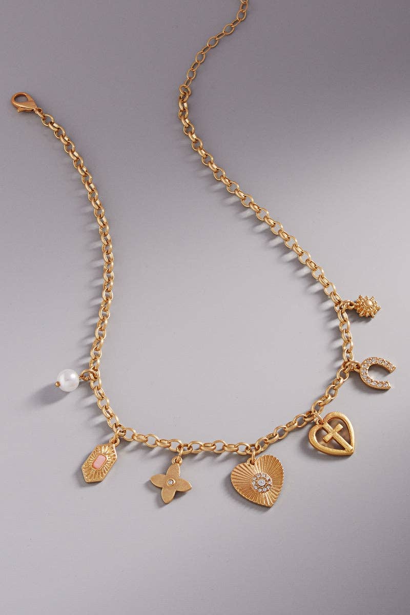 Heart Horseshoe Metal Mixed Charm Short Necklace: Gold
