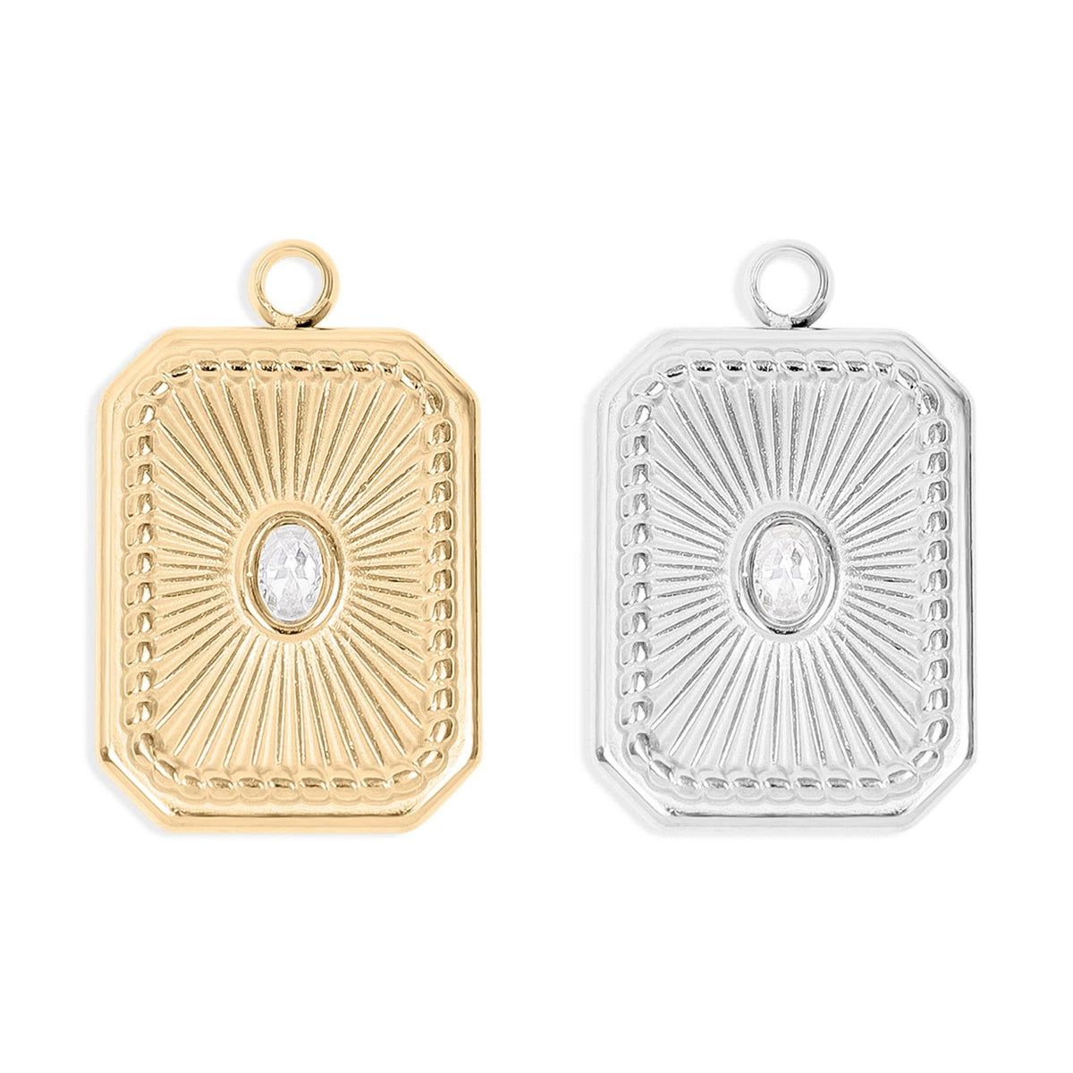 18K Gold PVD Rectangle Sunburst Crystal Charm: Stainless