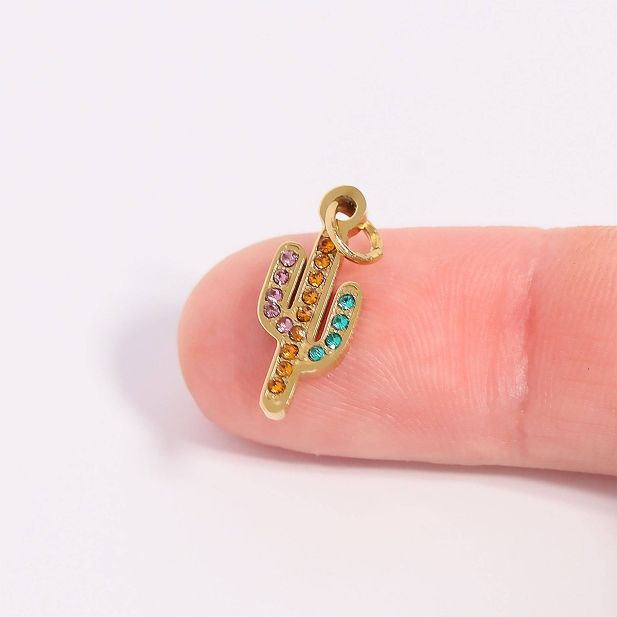 18K Gold PVD Stainless Steel Cactus with CZ Stone Charm: Gold