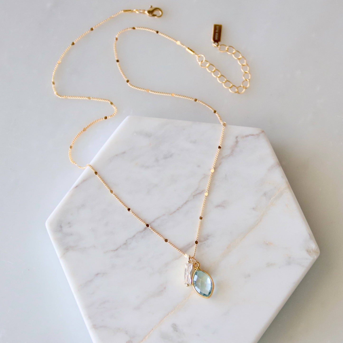 Aquamarine Quartz CZ Baguette Necklace