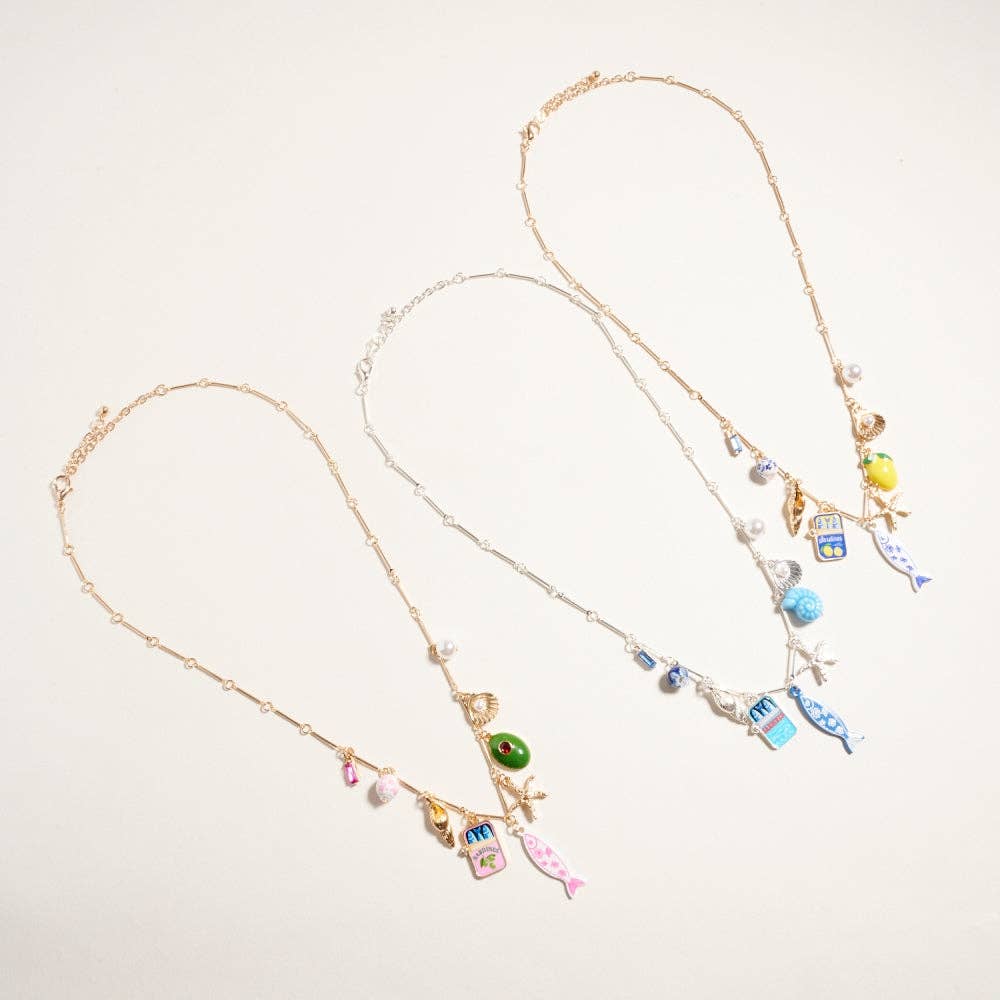 18 In Sealife Coastal Mediterranean Charm Necklace: Silver/Blue