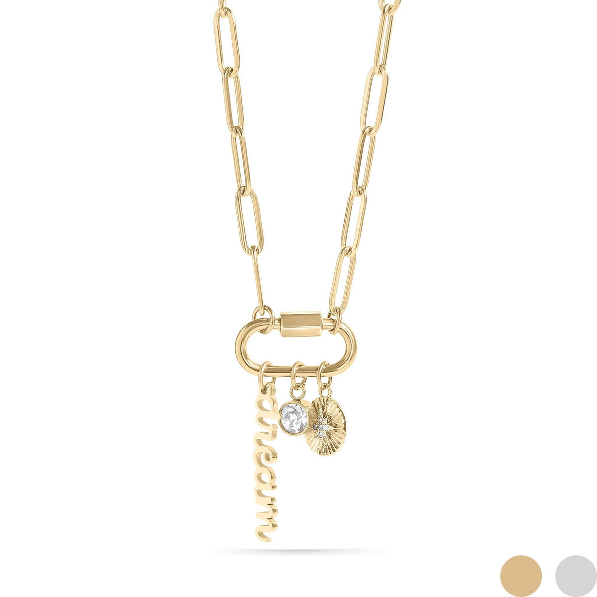 18K PVD Gold Carabiner "Dream" Paperclip Charm Necklace: Gold