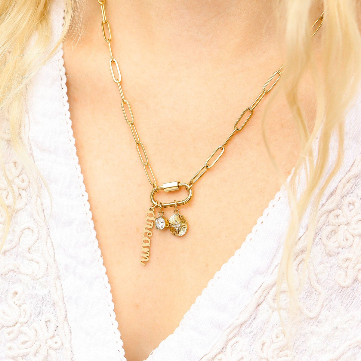 18K PVD Gold Carabiner "Dream" Paperclip Charm Necklace: Stainless