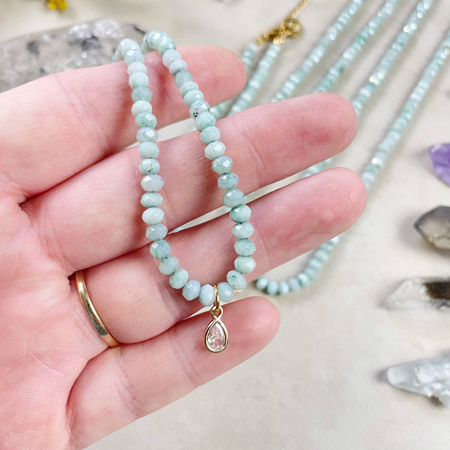 Mica// Green Iridescent Crystal Beaded Delicate Necklace