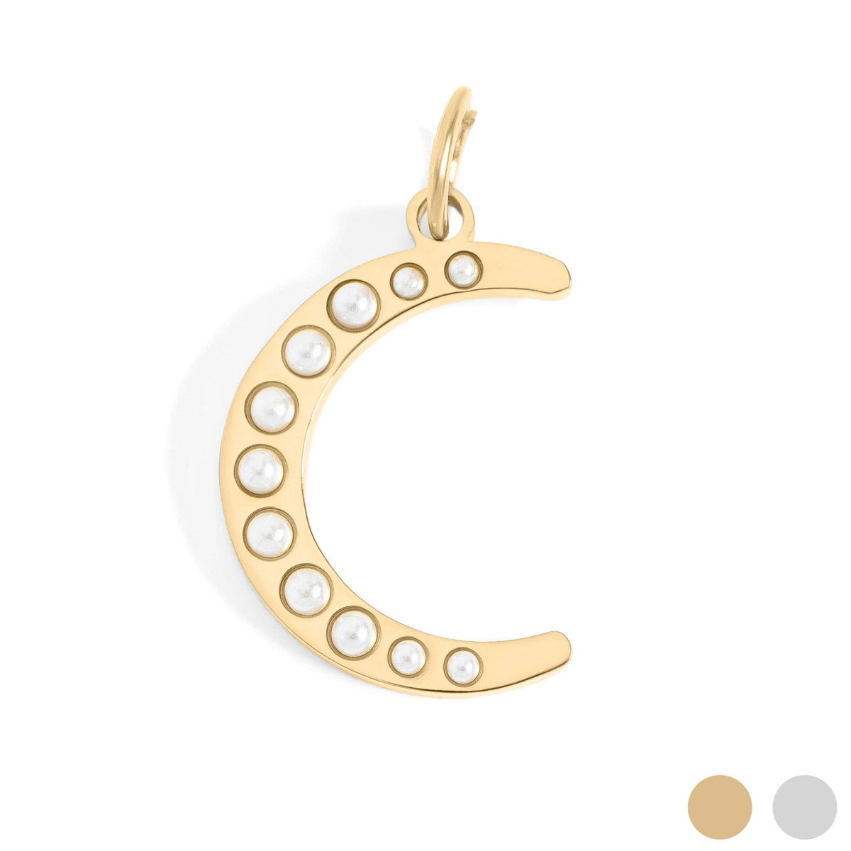 18K Gold PVD Stainless Steel Pearl Beaded Moon Charm: Stainless / 15mm