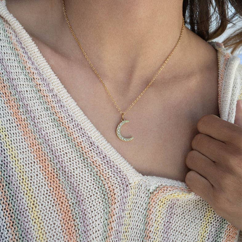 18K Gold PVD Stainless Steel Pearl Beaded Moon Charm: Stainless / 15mm
