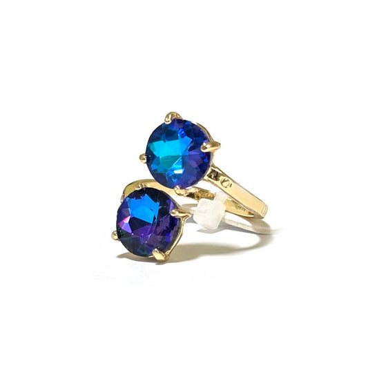 Double Round Crystal Stone Opposite Ends Adjustable Ring: X-BLUE