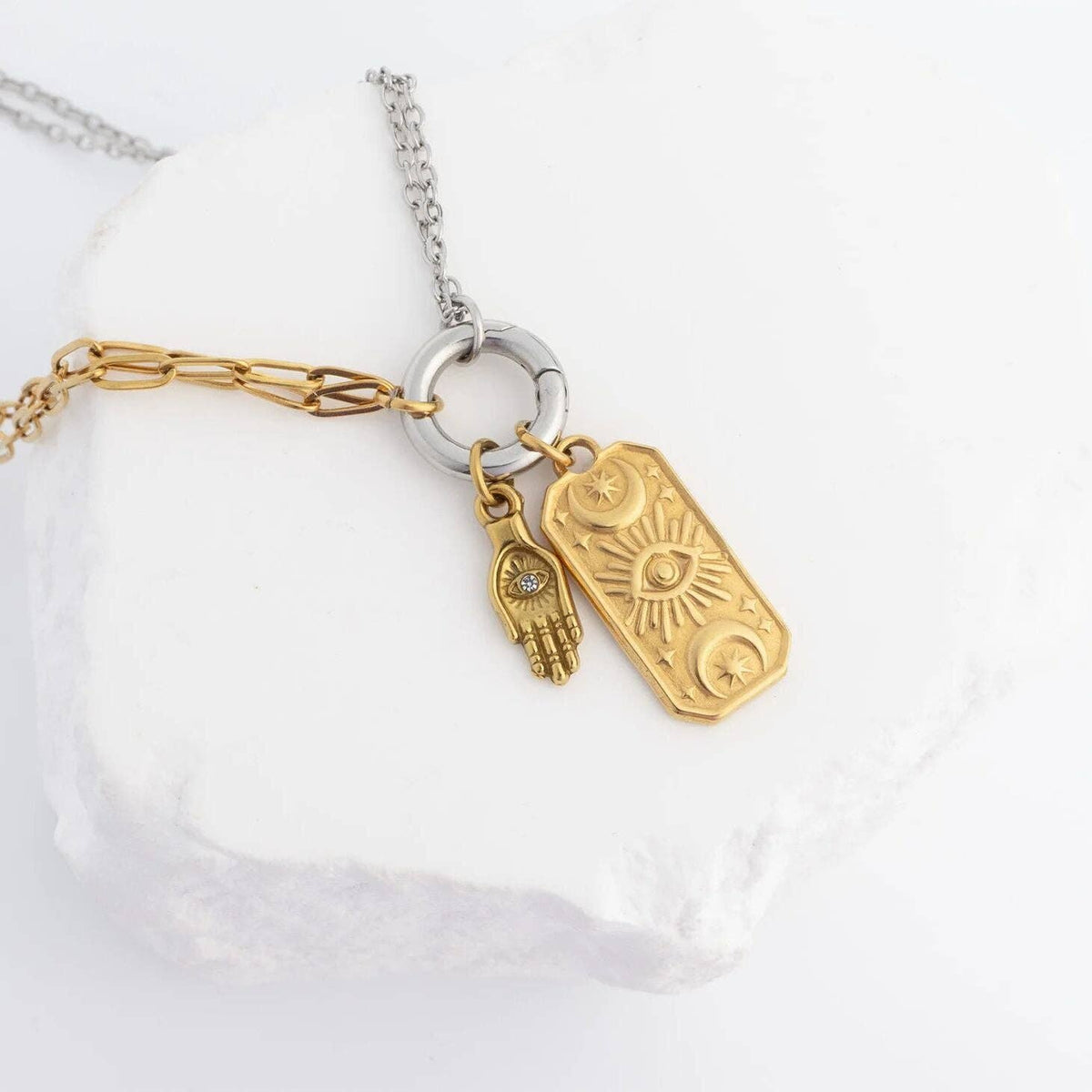18K Gold PVD Stainless Steel Hamsa Hand with Stone Charm: Gold