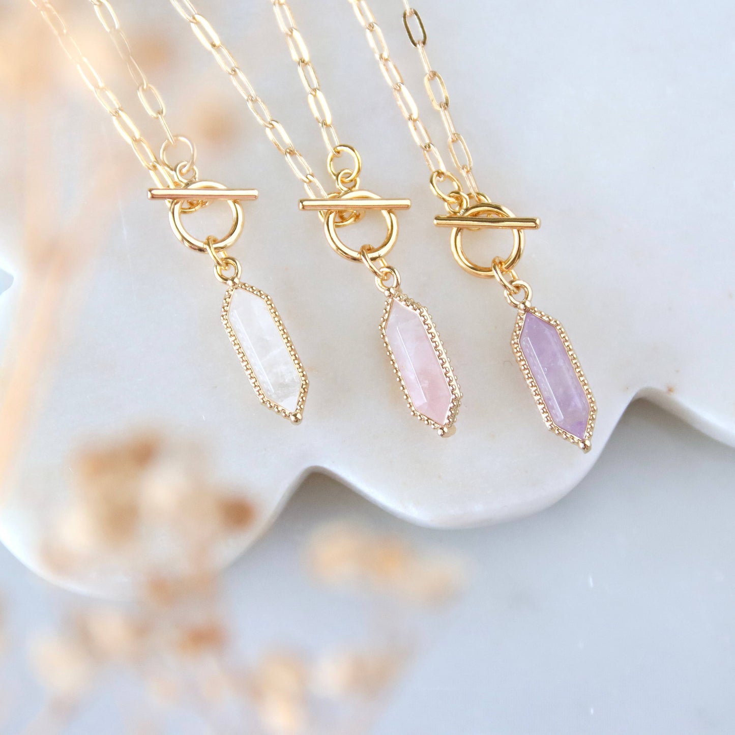 Amethyst, Quartz, Rose Quartz Toggle Necklace: Amethyst