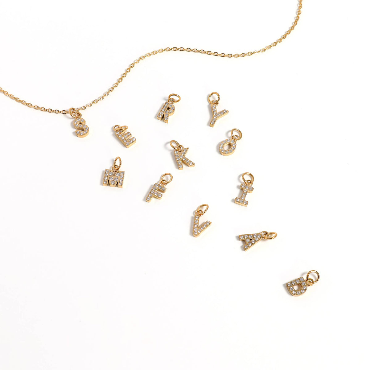 Gold Pavé Set CZ Initial Letter Charms: E