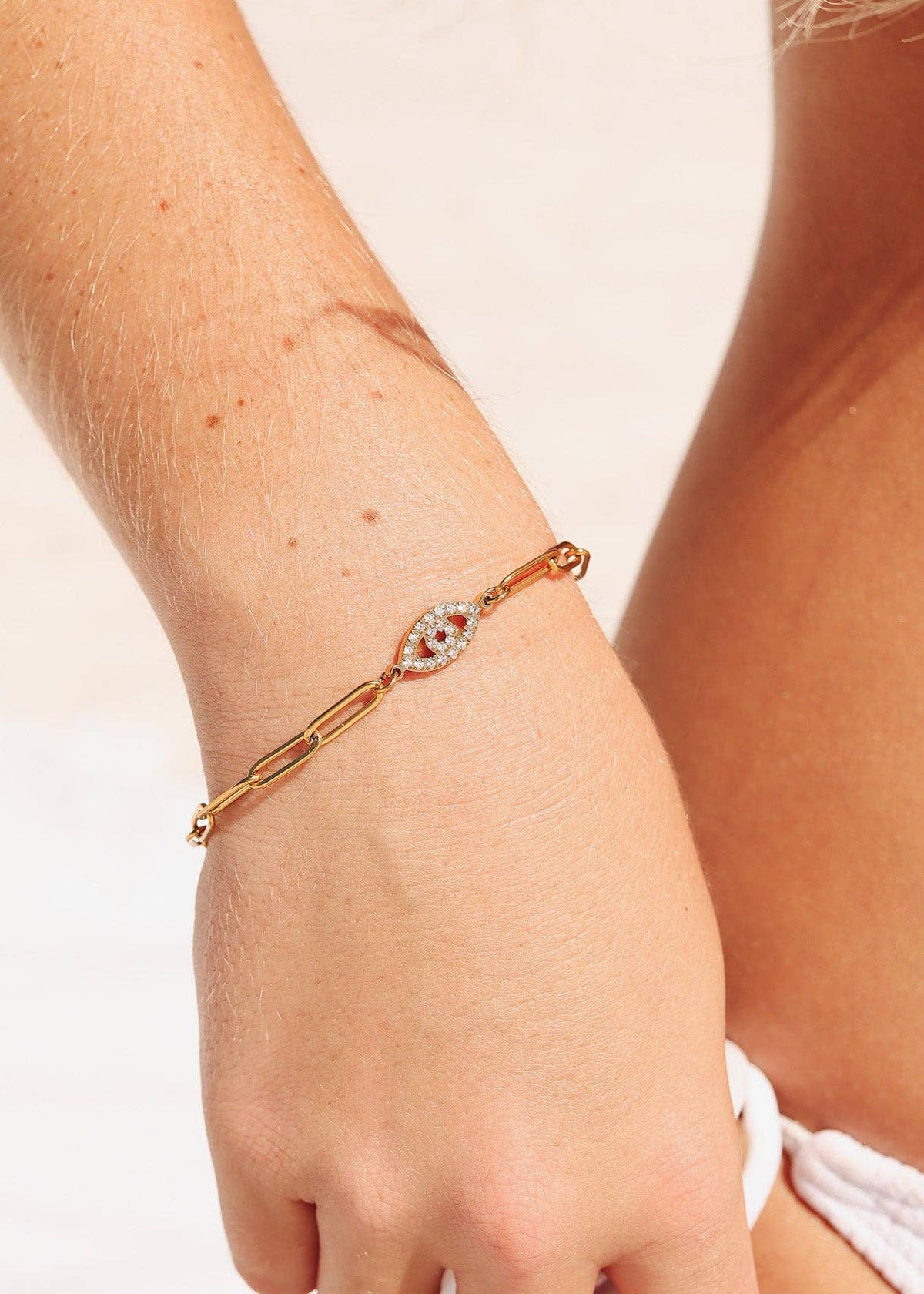 18K Gold PVD Stainless Steel Stone "Evil Eye" Paperclip Chain Bracelet: Gold